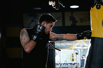 boxer, heavy bag, indoor training, tattoos, punching, dedicated athlete, boxing gloves, gym workout, fitness, sports, intense training