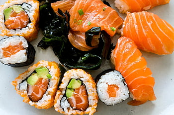 sushi, losos, jídlo, Ryba, plody moře, zdravý, asijský, sashimi, Mořská řasa, Příroda, wasabi