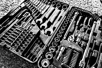 chiavi a bussola, utensili, cassetta degli attrezzi, bianco e nero, avvicinamento, Set di chiavi, set di socket, set di attrezzi, strumenti hardware, Strumenti meccanici