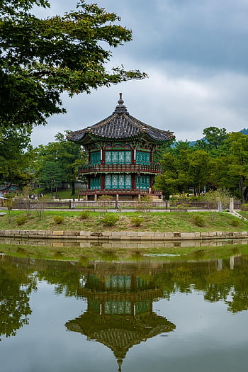 Pavilon Hyangwonjeong, rybník, kulturní dědictví, park, palác gyeongbokgung, Soul, korejské architektury, Jižní Korea, palác, kulturní památka