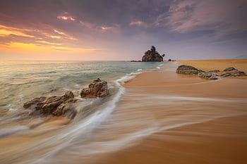 beach, Golden Hour, sunset, ocean, waves, sand, rocks, island, sky, clouds, landscape