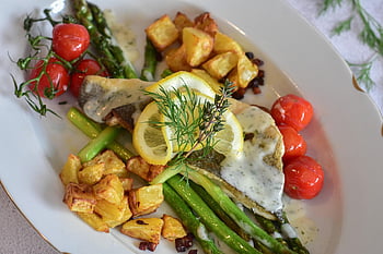food, fish, dish, nature, potatoes, asparagus, tomatoes, meal, kitchen, cook, nourishment