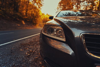 auto, volvo, faro, S40, strada, autunno, alberi, foresta, parcheggio, natura, paesaggio