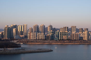 Budynki, wieża namsan, Miasto, architektura, Droga, rzeka Han, poświata, Seul, Korea, Republika Korei