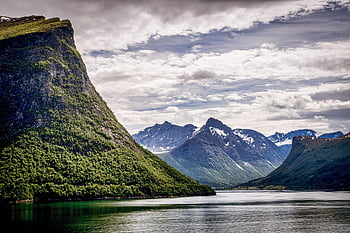 montagne, fiordo, Norvegia, Scandinavia, paesaggio, natura, nuvole, panorama