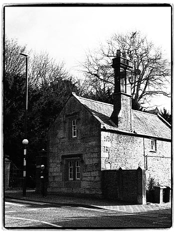 stone cottage, big chimney, black and white, charming house, old stone house, prominent chimney, black and white photography, stone building, old cottage, black and white image, stone walls