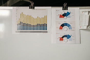 whiteboard, graphs, charts, binder clips, office setting, data visualization, bar chart, pie chart, business presentation, wall display, office tools