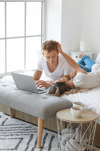 coppia, Camera da letto, il computer portatile, giovane, insieme, maschio, femmina, uomo, donna, persone, computer
