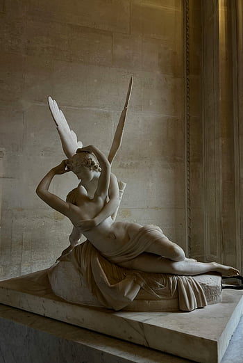 mramorová socha, Psyche oživena polibkem Cupidů, Psyché a Amor, objetí, muzeum, umění, klasický, sochařství, Amor, psychika, křídla