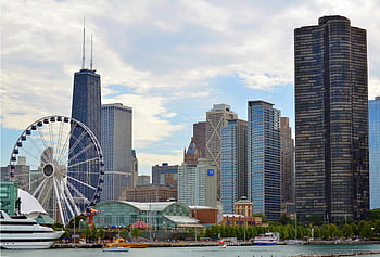 chicago skyline, haditengerészeti móló, óriáskerék, hancock torony, felhőkarcoló, városkép, városi kilátás, vízparton, chicago építészet, belvárosi chicago, Chicagói látnivalók