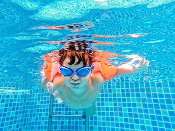 boy, blue goggles, swimming, pool, underwater, child, arm floats, enjoying, water, swim, goggles
