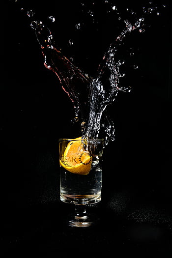 oranžový, nápojová sklenice, dynamický rozstřik, kapalný, citrón, černé pozadí, ovoce, nápoj, voda, splash fotografie, citrus