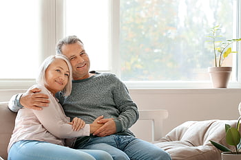 senior, paar, huis, man, vrouw, gepensioneerd, pensioen, geluk, glimlachen, binnen-, mannetje