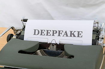 typewriter, paper, deepfake, AI-generated content, old-fashioned typewriter, labeled paper, symbolizing AI, deepfake content, vintage typewriter, printed paper, deepfake text