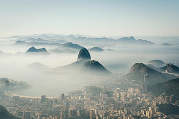 Rio de Janeiro, Sugarloaf Mountain, aerial view, cityscape, clouds, hills, dramatic view, Brazil, urban landscape, natural scenery, foggy atmosphere