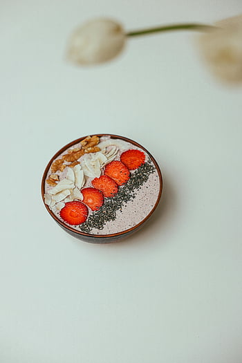 lichotník mísa, jahody, Chia semínka, ořechy, kokosové vločky, zdravé jídlo, Vibrující koktejl, chutné jídlo, Smoothie Toppings, zdravá snídaně, recept na smoothie misku