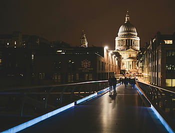 St. Paul's Cathedral, Millennium Bridge, London, night time, people walking, illuminated, outdoor, cityscape, urban, architecture, landmark