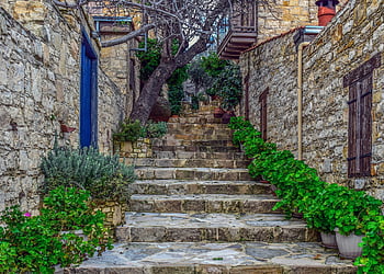 σκάλες, σκάλα, δρόμος, σπίτια, πέτρα, χωριό, αρχιτεκτονική, παλαιός, παραδοσιακός, Λόφου, Κύπρος