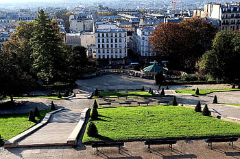 Budynki, drzewa, ogród, Najświętszego Serca Pana Jezusa, miejski, Paryż, Francja, trawnik, spadek, architektura, krajobraz