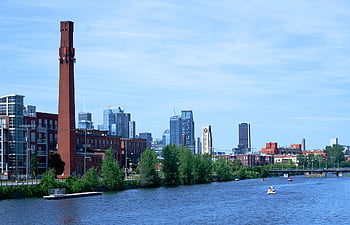 river, city, lachine Canal, montreal, canada, tower, horizon, buildings, boat, urban, channel