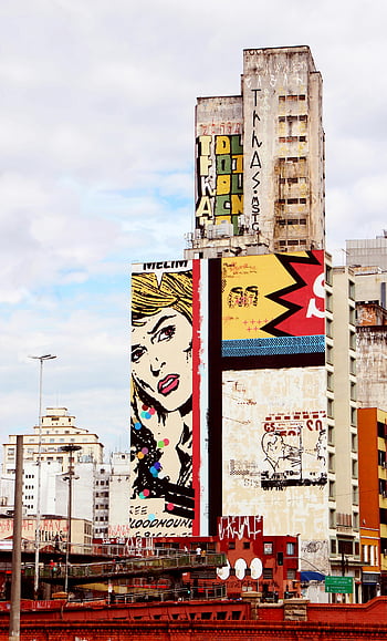 graffiti, construcția de beton alb, Pop Art Graffiti, Sao Paulo, Brazilia, arta urbană, arta stradală, mural, graffiti colorate, clădirea fațadei, peisaj urban