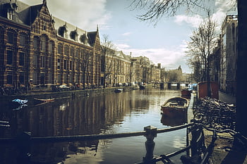 building, boat, urban, amsterdam, city, water, nature, canal