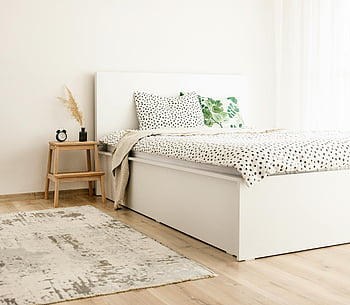 minimalist bedroom, scandinavian style, polka dot bedding, natural decor, elegant bedroom, white furniture, wooden floor, simple design, cozy bedroom, modern bedroom, natural elements