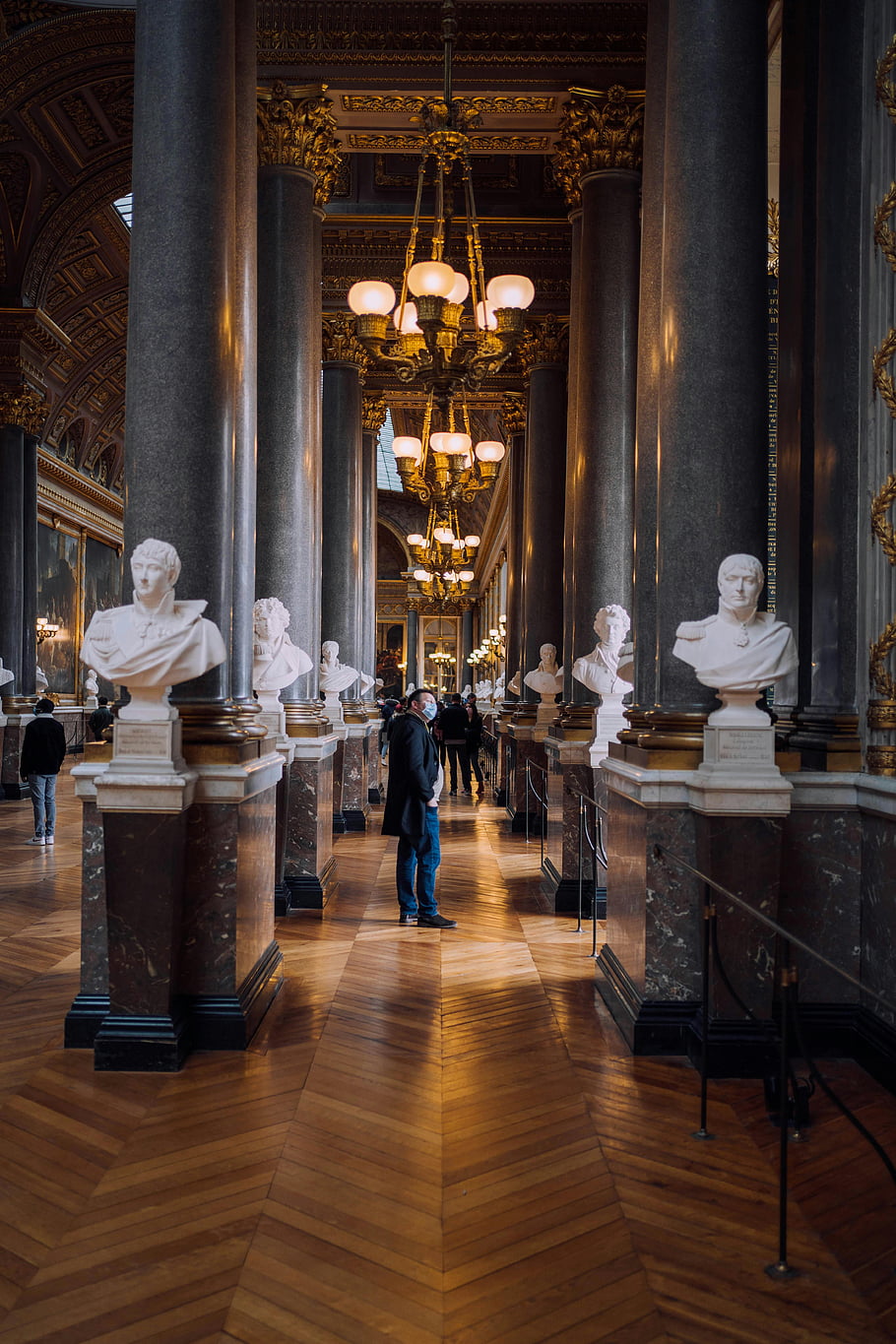 palác versailles, Francie, chodba, sochy, muž stojící, lustry, sloupců, interiér, historický, architektura, umění