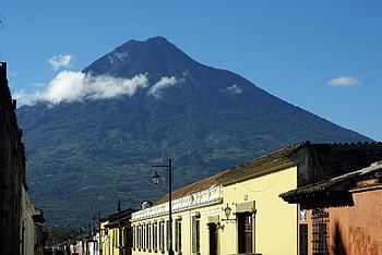Guatemala, antigua, sopka, ulice, koloniální, fasády, krajina, starý