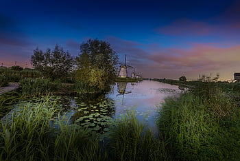 Kinderdijk, holland, mølle, turisme, landskab, vindmølle, skyer, vindmøller, møller, vand, bygning