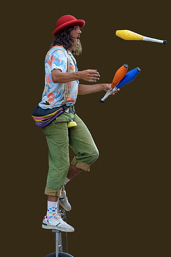 man, acrobat, circus, performing, beard, hat, outdoors, unicycle, monobike, juggling