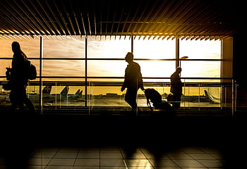 sunset, airport, travelers, silhouette, luggage, travel, evening, terminal, window, planes, journey