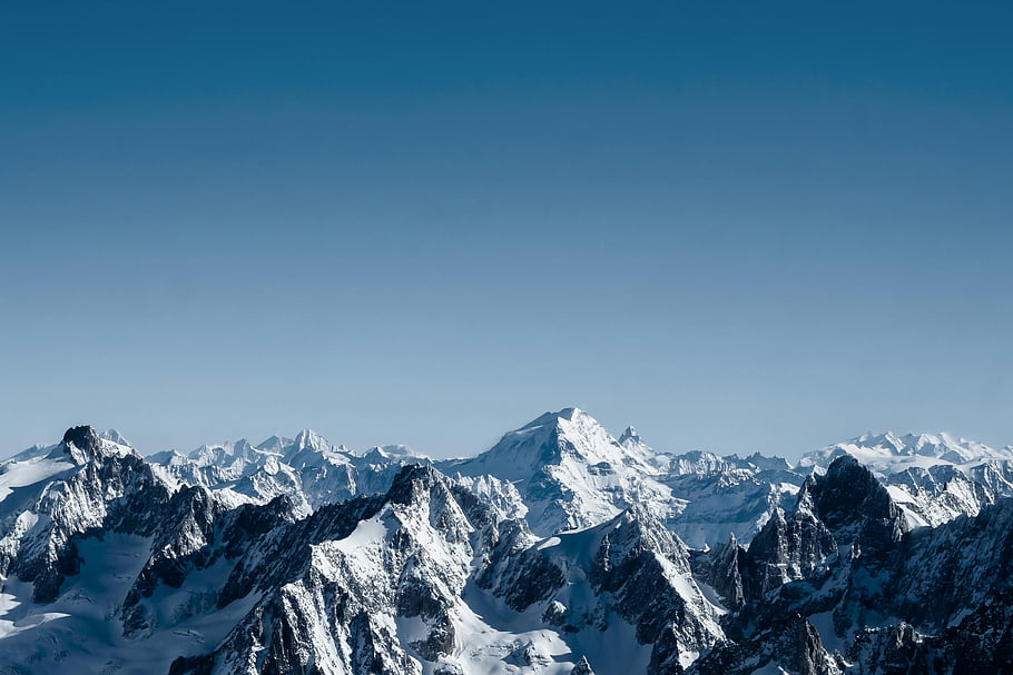 Mountain Range, snowcapped peaks, Mont Blanc, clear blue sky, winter, Chamonix, France, breathtaking view, snow, alps, landscape