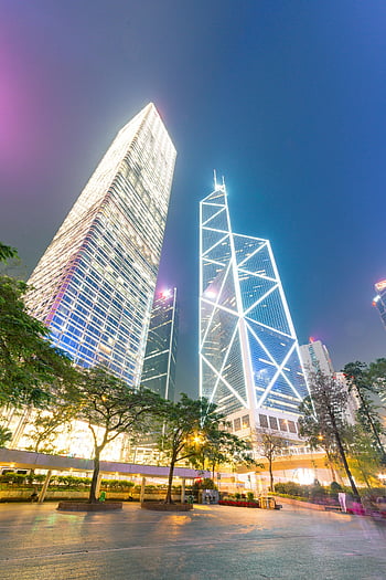 Hong Kong, skyscrapers, Kowloon, night view, illuminated buildings, modern architecture, urban landscape, high-rise buildings, bottom-view, city lights, cityscape