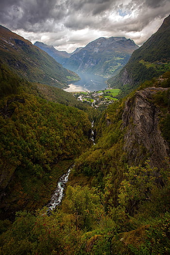 geiranger, Norsko, fjord, geirangerfjord, krajina, hory, pohoří, hornatý, mraky, Příroda, voda