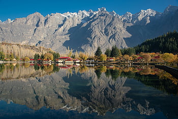 Lower Kachura Lake, Himalayas, Shangrila Lake, Skardu, Pakistan, mountain reflection, autumn foliage, resort, lake shore, beautiful landscape, serene view