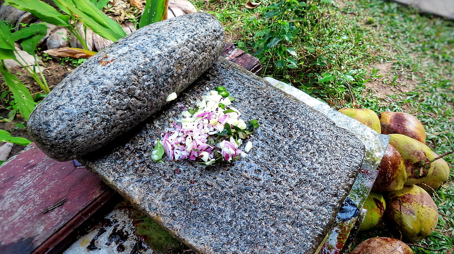 stone grinder, chopped onions, green leaves, coconuts, Sri Lanka, outdoor kitchen, traditional tool, 2021-22, heavy equipment, kitchen work, natural setting