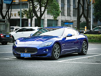 Maserati albastru, mașină sport, loc de parcare, urban, copaci, clădiri, mașină albastră, vehicul de lux, peisaj urban, mașină parcat, Mașină sport Maserati