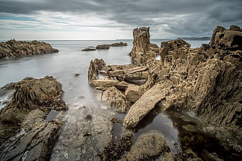 seascape, coast, rocks, sea, coastline, shore, coastal, long Exposure, gloomy, skyscape, clouds