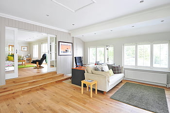 soggiorno moderno, divano bianco, tappetino nero, pavimenti in legno, stanza luminosa, mobili eleganti, camera spaziosa, design contemporaneo, spazio vitale, interior design, Home decor
