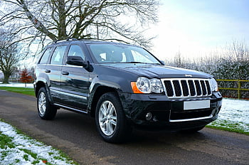black Jeep SUV, black asphalt road, snowy grass lawn, winter scenery, snowy road, trees background, shiny black SUV, winter landscape, outdoor vehicle, snowy environment, winter season