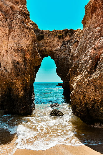 Skalní formace, pobřeží, modrá obloha, Přírodní skalní oblouk, pohled na oceán, slunečný den, pláž, pobřežní krajiny, Rock Archway, Přírodní krásy