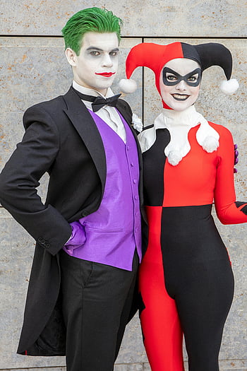 Joker cosplay, Harley Quinn cosplay, couple cosplay, vivid costumes, makeup, Joker and Harley Quinn, cosplayers, comic book characters, cosplay event, comic convention, cosplay outfits