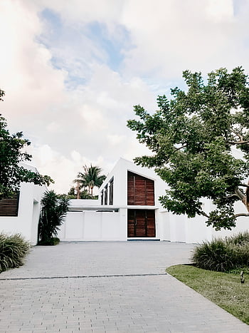 white and brown house, contemporary minimalist home, exterior design, lush landscaping, open driveway, modern architecture, white exterior, brown accents, tropical plants, clean lines, minimalist style