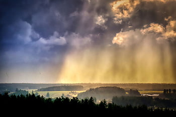 nuvole, Atmosfera luminosa, paesaggio, foresta, sole, tramonto, raggi di sole, natura, umore, Paradiso, l'atmosfera