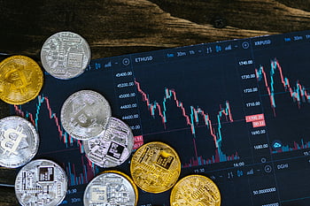 cryptocurrency coins, gold coins, silver coins, digital trading chart, ETHUSD, close-up shot, round coins, trading graph, Bitcoin, Litecoin, Ethereum