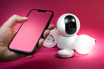 perangkat rumah pintar, smartphone, perangkat keamanan, pengaturan rumah pintar, Latar belakang merah muda yang semarak, Kamera Cerdas, steker pintar, bola lampu pintar, otomatisasi rumah, Teknologi Cerdas, Perangkat IoT