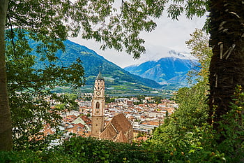 město, hory, merano, Jižní Tyrolsko, Itálie, vysokohorský, kostel, věž, budov, údolí, Alpy