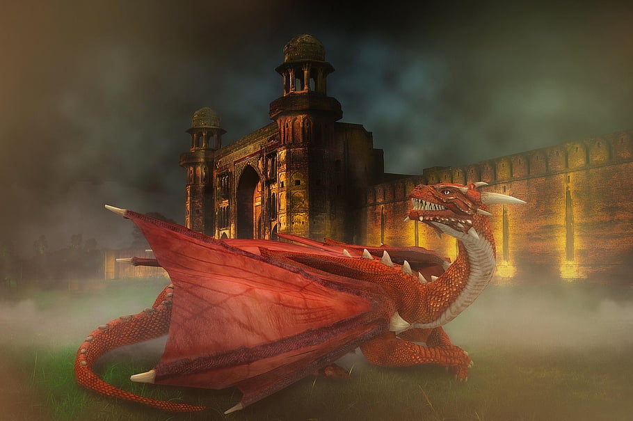 dragon, castle, fantasy, digital Background, fog, red Dragon, mythology, dream, fairy Tale, palace, background