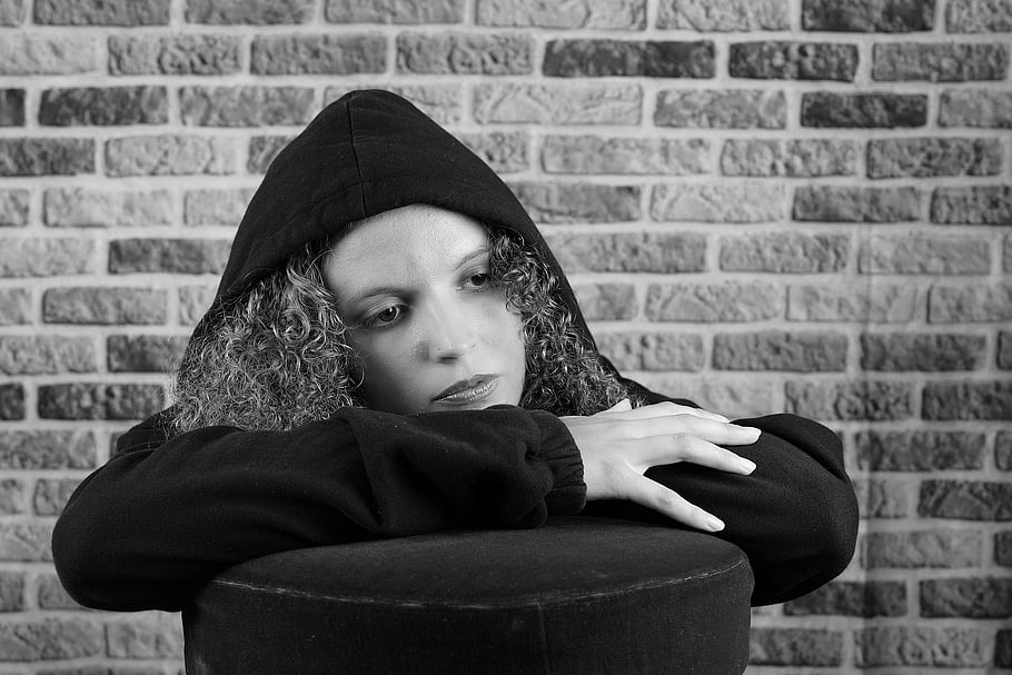 woman, young, portrait, thoughtful, sad, emotions, rage, lonely, alone, black And White